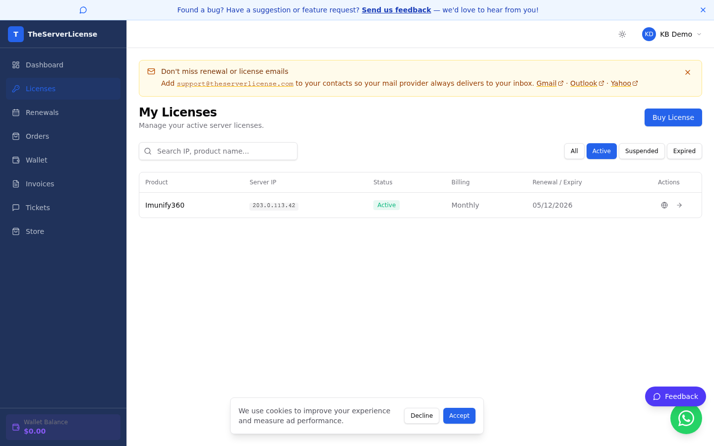 Licenses page