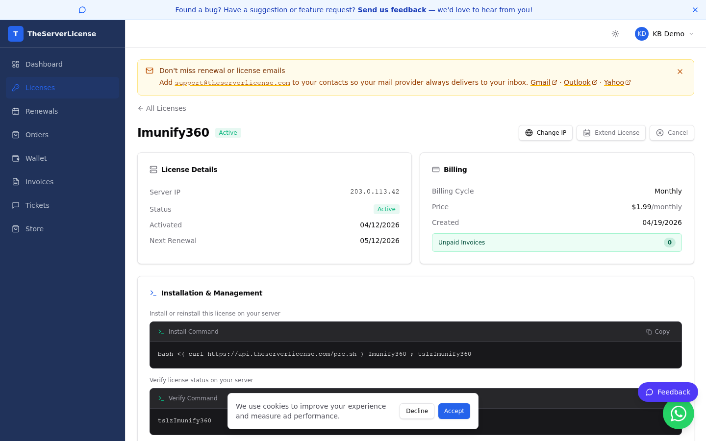 License detail — Cancel button